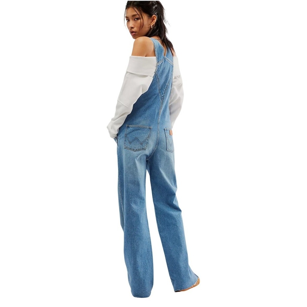 Wrangler Denim Flare Overalls XL Unfinished Hem Country Cowgirl Festival Boho - Picture 2 of 16
